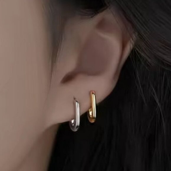 Rounded Rectangle Huggie Earrings in Gold & silver. 925 Sterling Silver. #1068 - Picture 1 of 5